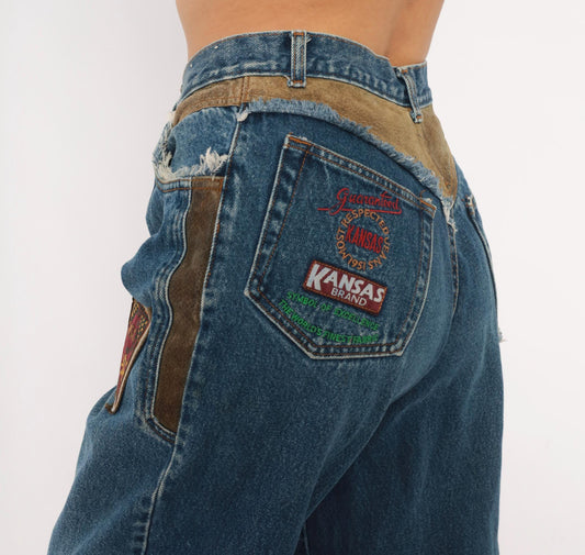 90s Kansas Brand Patchwork Denim Jeans High-Waisted Tapered Blue Suede Trim Small