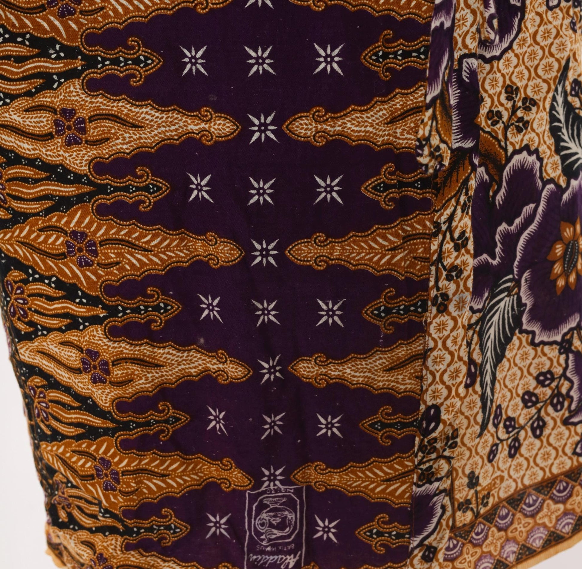 90s Batik Keris Wrap Dress Purple Mustard Floral Kimono Sleeve Small
