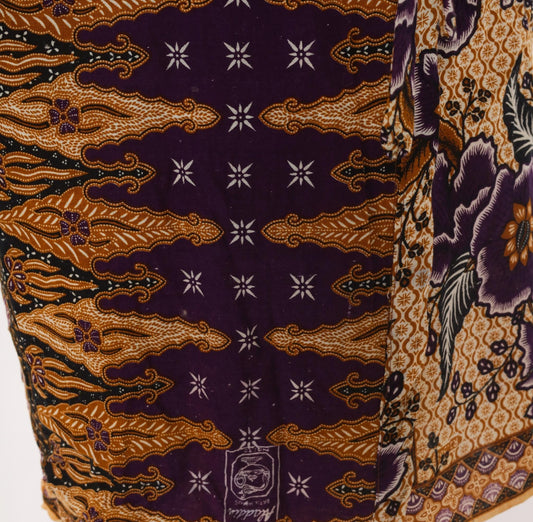 90s Batik Keris Wrap Dress Purple Mustard Floral Kimono Sleeve Small