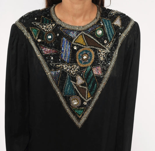 90s D'Ore Black Silk Beaded Shift Dress Geometric Sequin Bib Large L