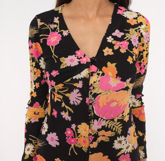 70s The Company Floral Mini Dress Black Pink Orange V-Neck Long Sleeve Small