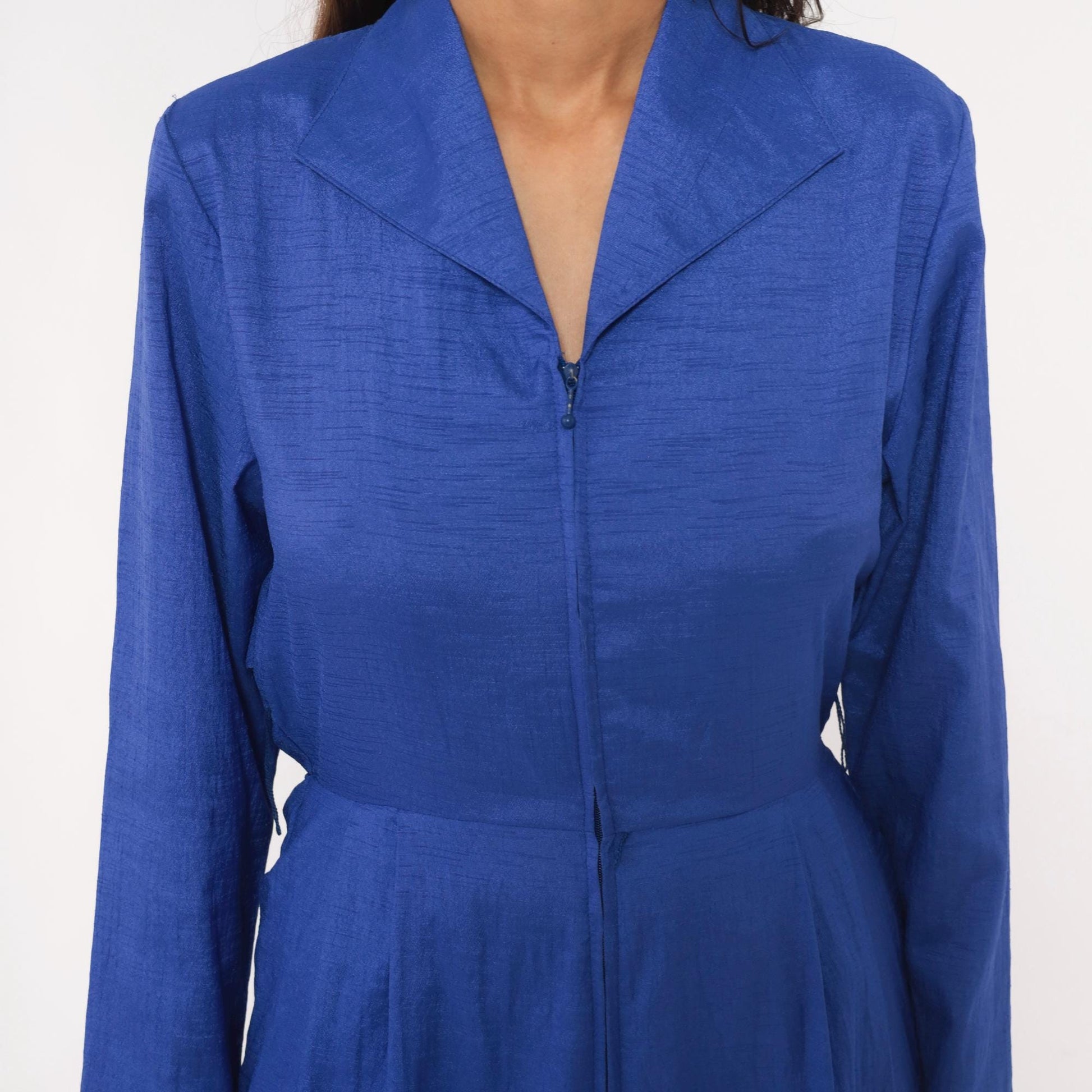 80s Joan Walters Cobalt Jumpsuit Long Sleeve Pleated Tapered Small