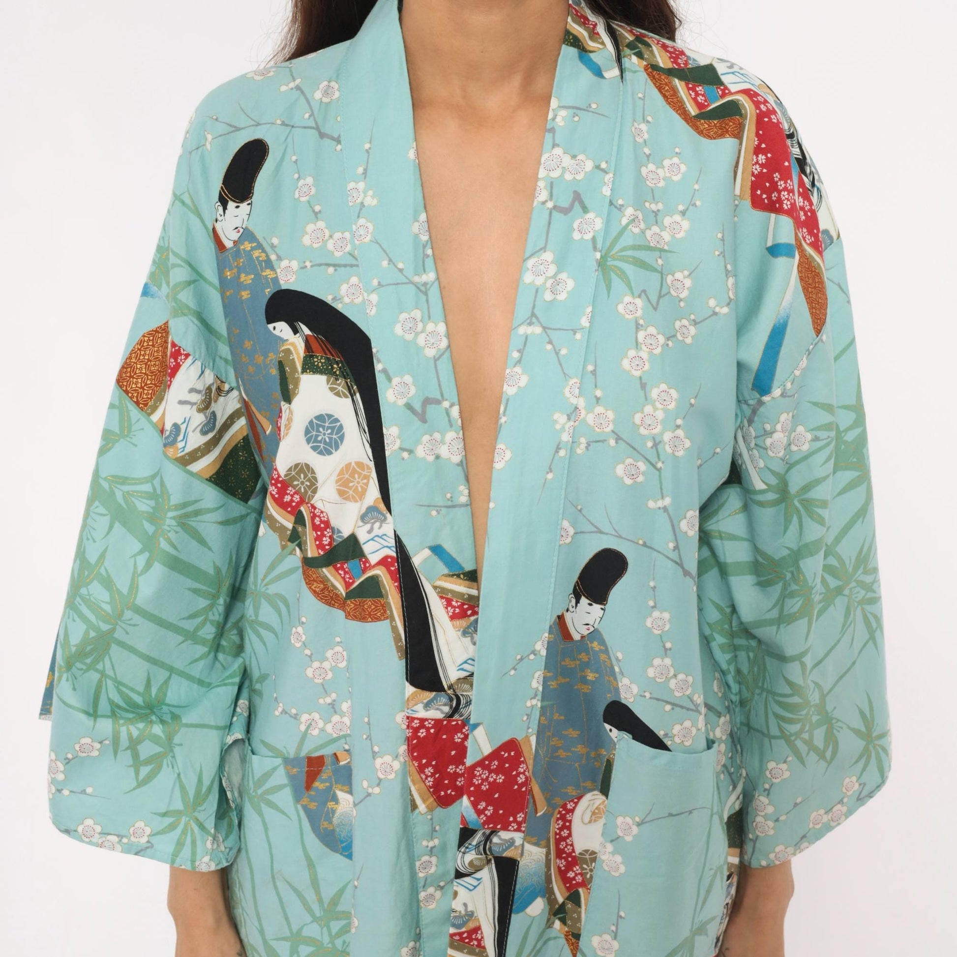 70s Hayashi Kimono Robe Blue Cotton Ukiyo-e Geisha Print Knee-Length Small