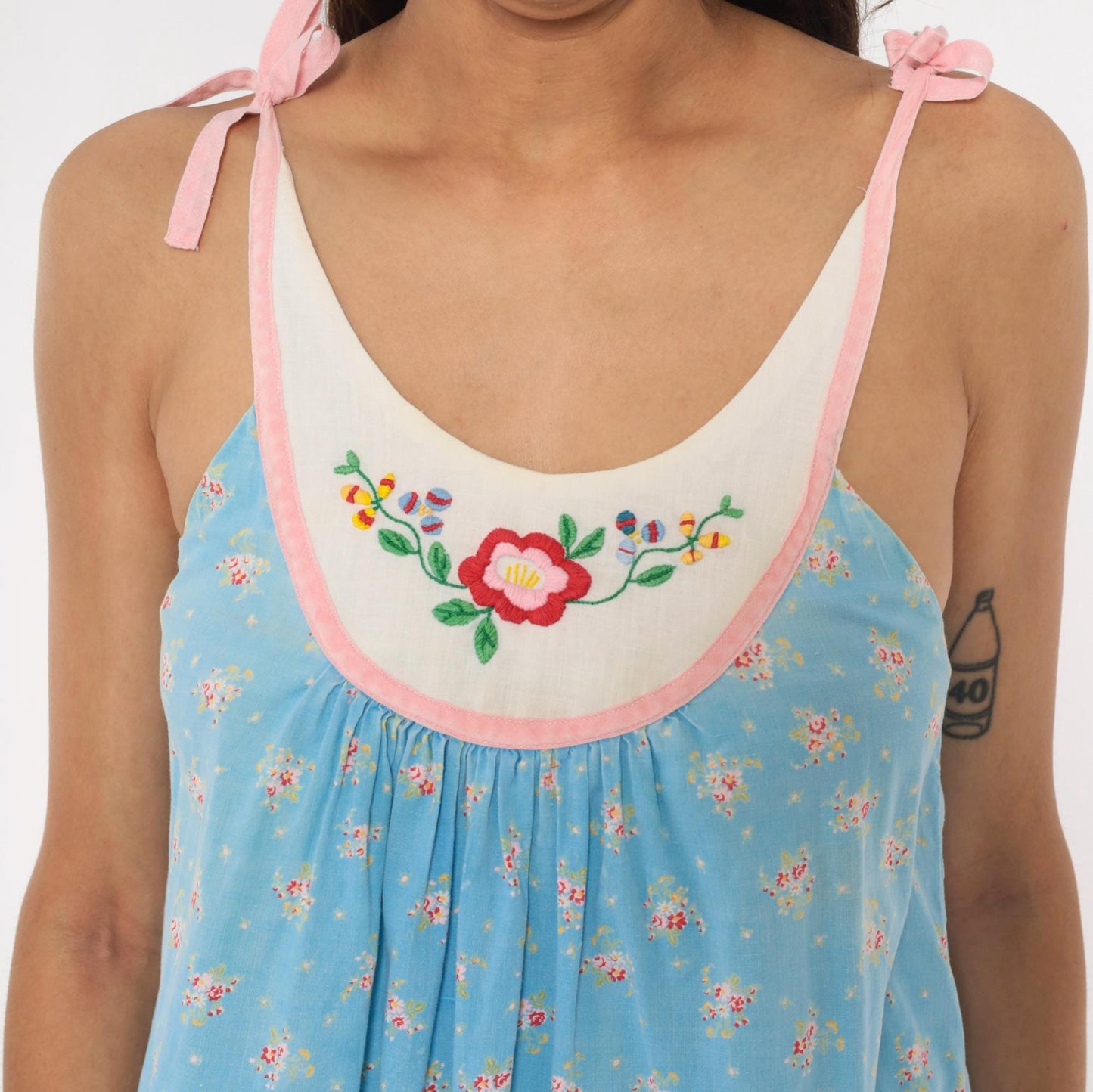 80s Baby Blue Floral Embroidered Nightgown Cotton Tie Shoulder Small