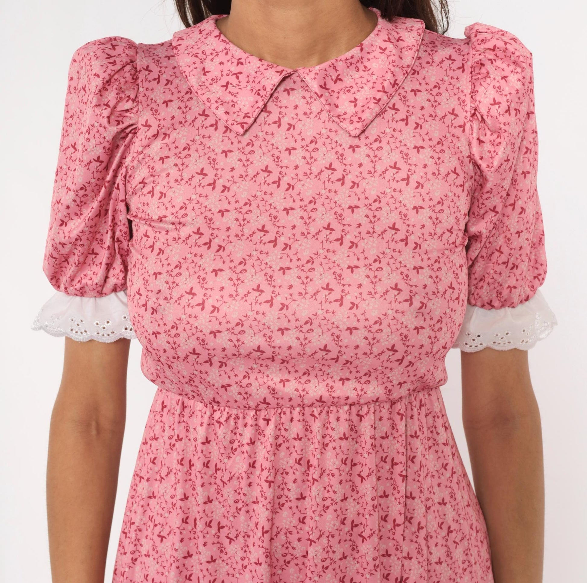 Y2K Pink Floral Midi Dress Puff Sleeve Peter Pan Collar Eyelet Lace Small S