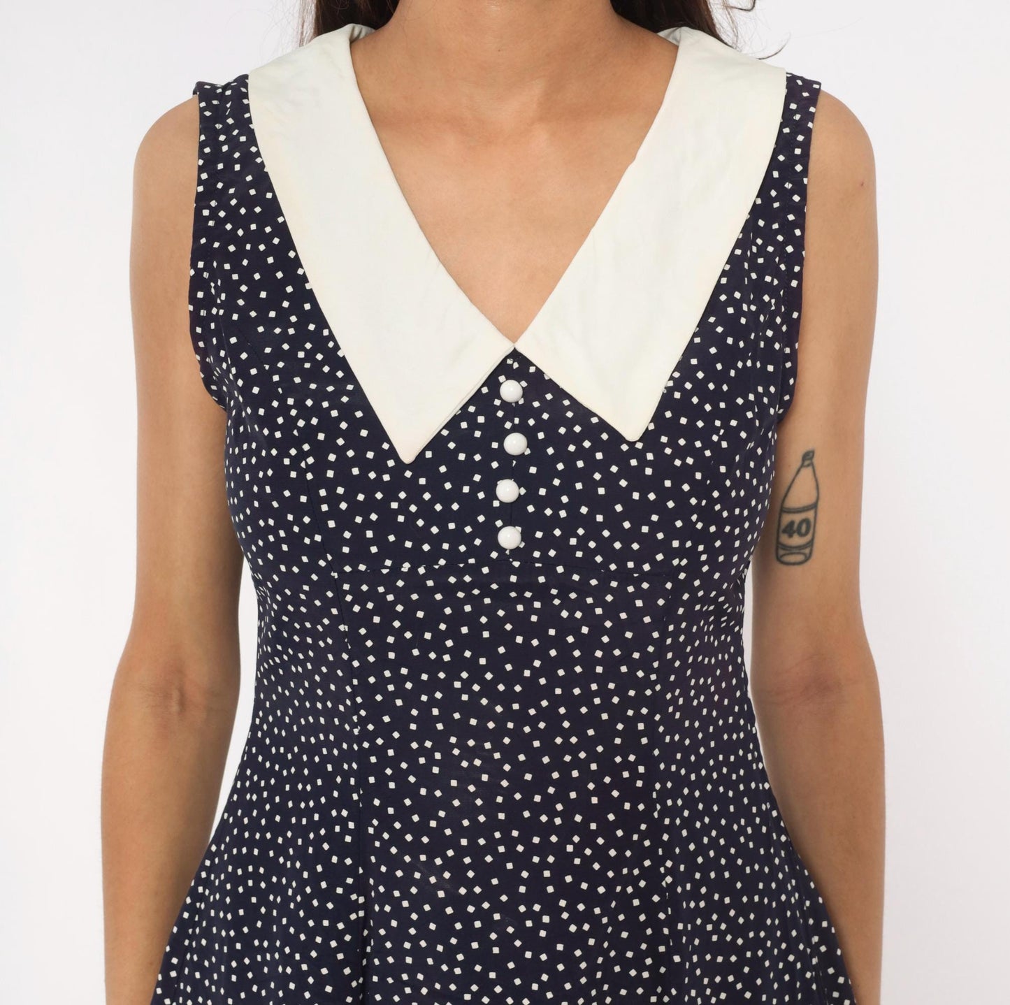 80s All That Jazz Navy Polka Dot Mini Dress White Collar Sleeveless Small
