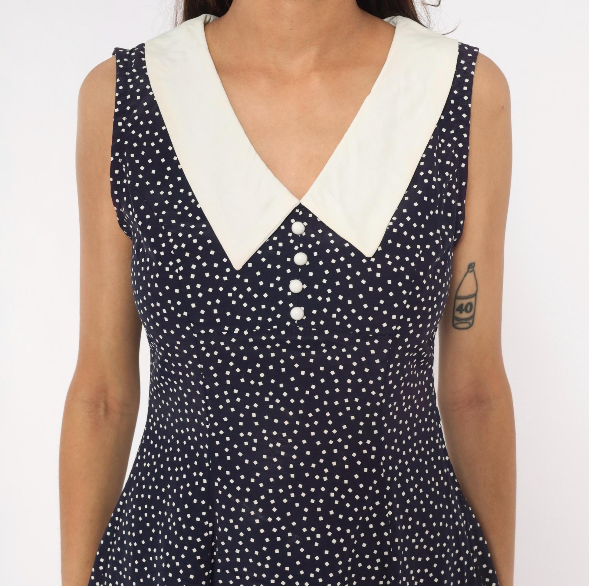 80s All That Jazz Navy Polka Dot Mini Dress White Collar Sleeveless Small