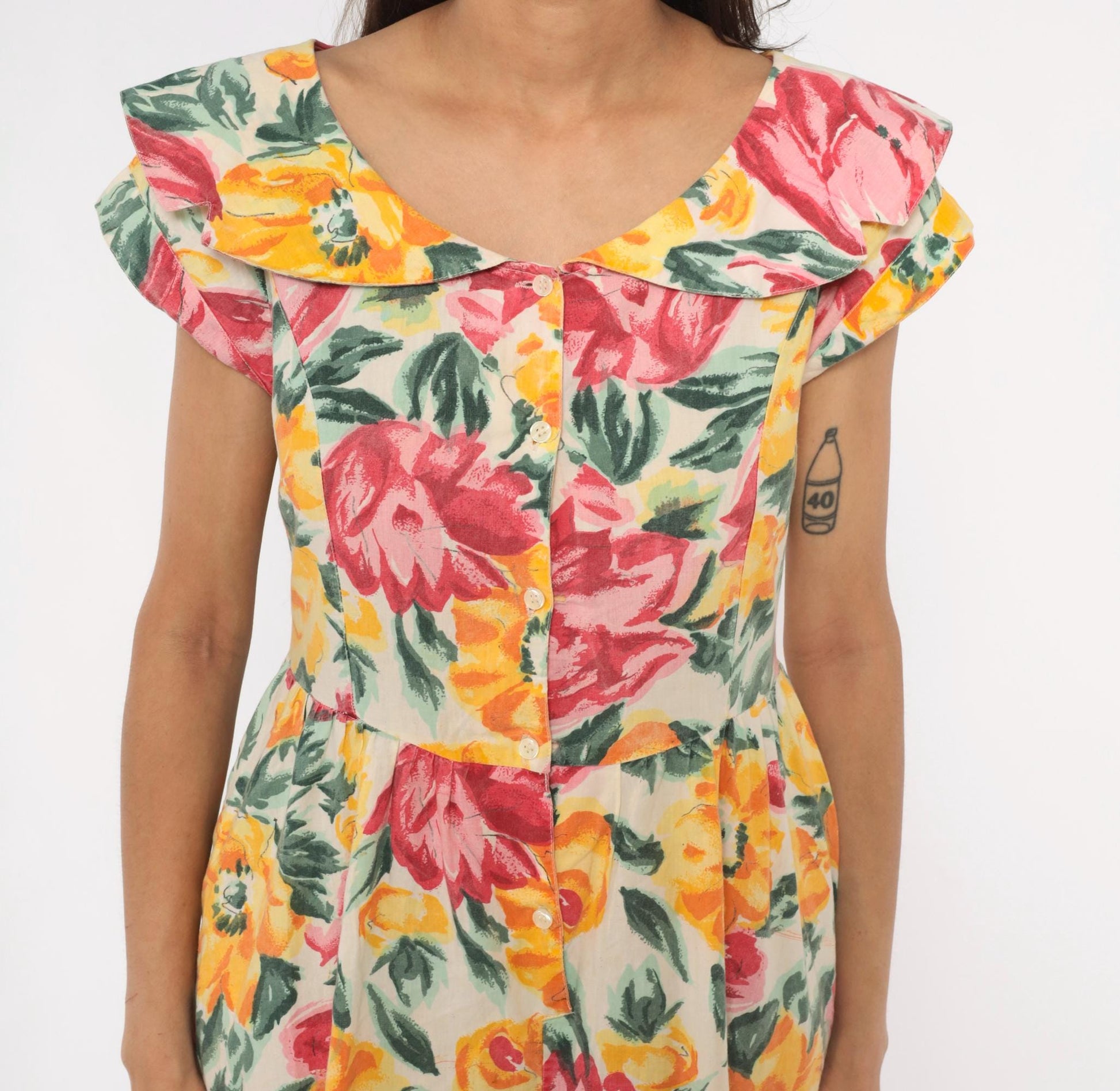 80s Floral Midi Dress Ruffle Collar Rose Print Cream Cotton Medium M