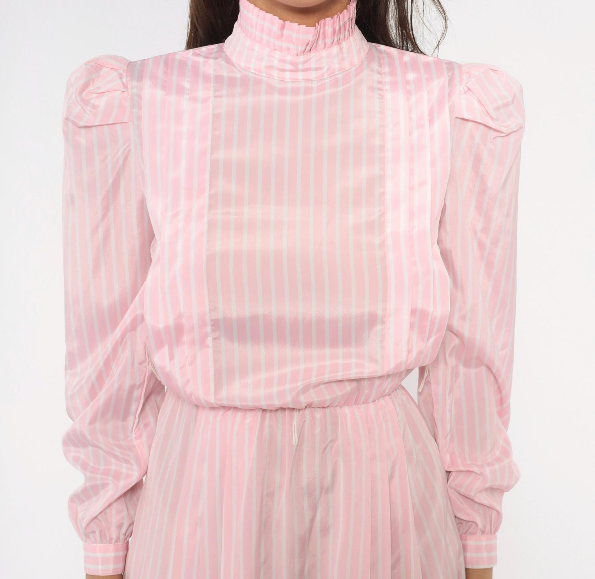 80s Jennifer Pink White Striped Dress Puff Sleeve Mock Neck Small