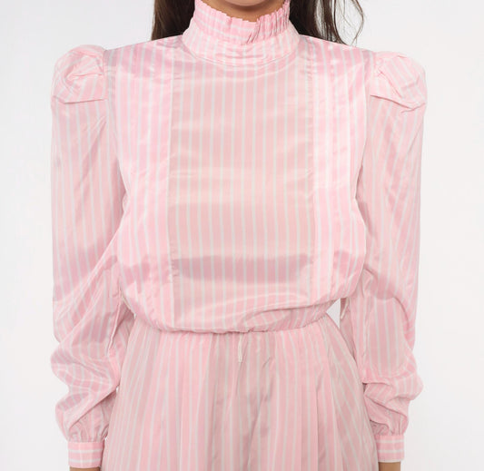 80s Jennifer Pink White Striped Dress Puff Sleeve Mock Neck Small
