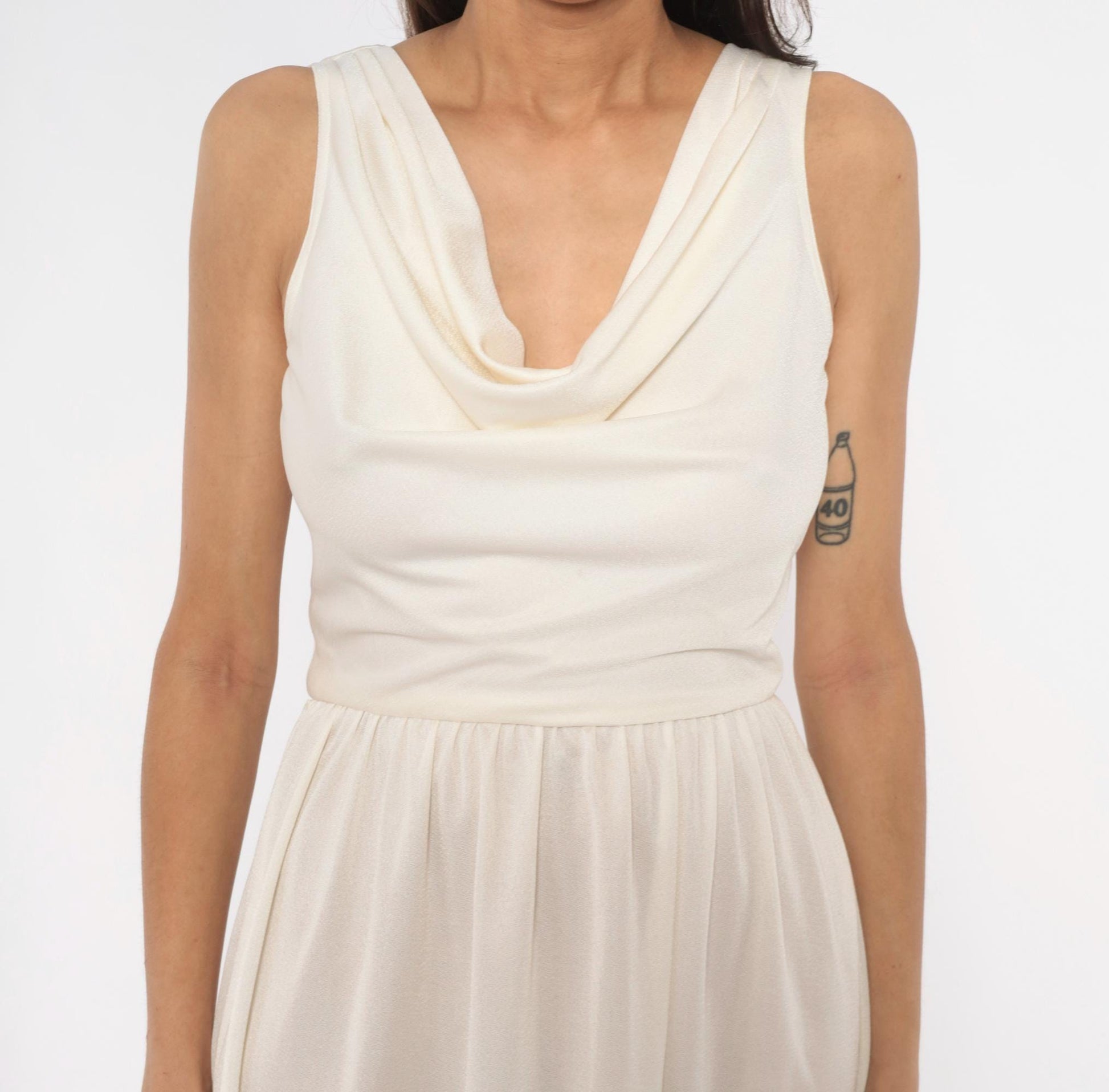 70s Kappi Cowl Neck Sundress Cream Sleeveless Gathered Waist Knee-Length Medium M