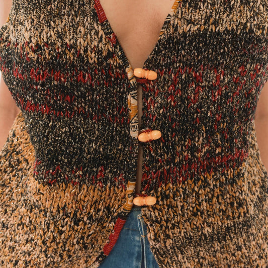 90s Knit Vest Multicolor Striped Toggle Button V-Neck Tan Red Black Medium M