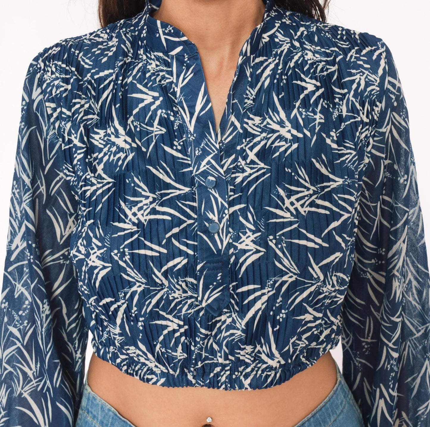 80s Liz Roberts Bamboo Leaf Crop Blouse Navy Mandarin Collar Balloon Sleeve Medium