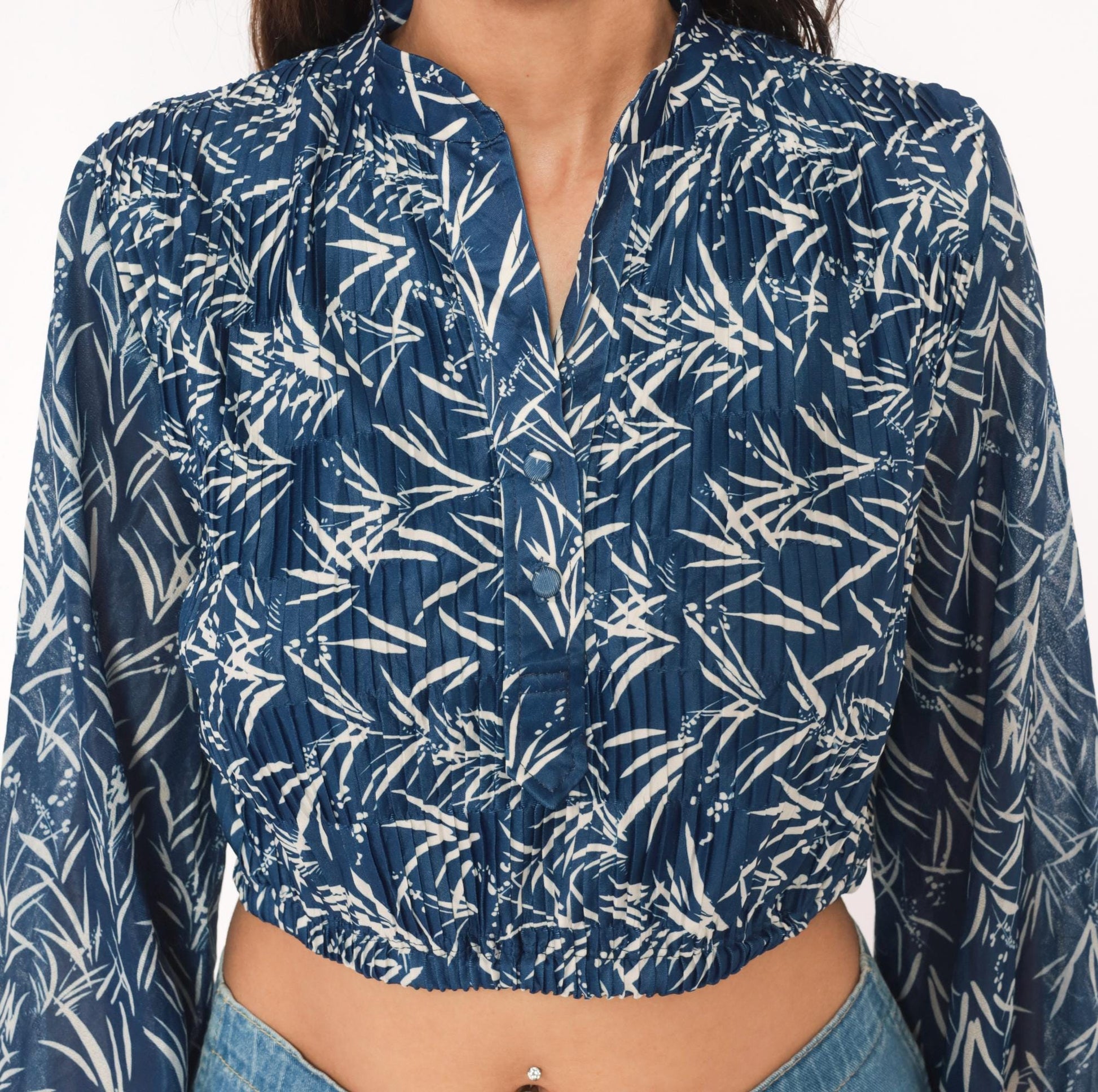 80s Liz Roberts Bamboo Leaf Crop Blouse Navy Mandarin Collar Balloon Sleeve Medium