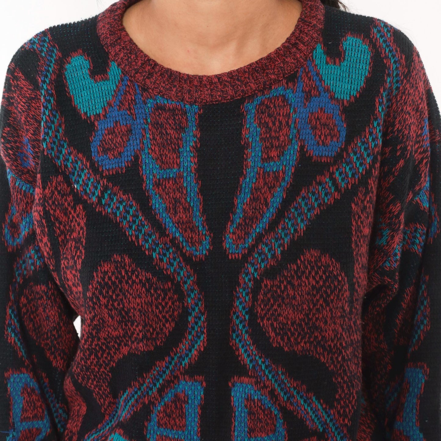 80s City Streets Abstract Knit Sweater Burgundy Teal Intarsia Medium