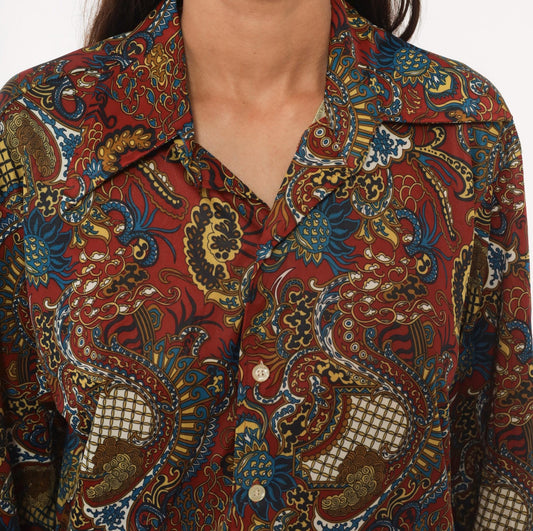70s Perre La Grande Paisley Button Front Shirt Burgundy Blue Gold Medium