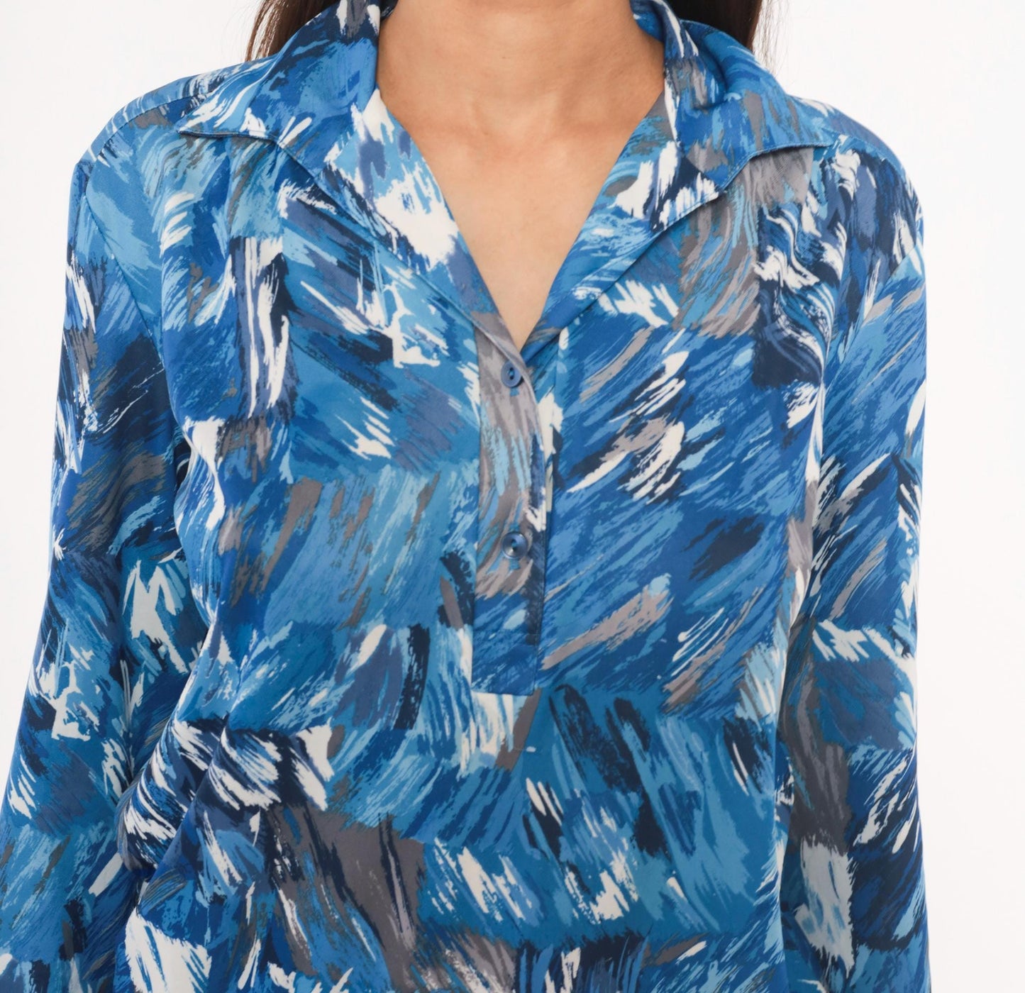 70s Abstract Brushstroke Blouse Cobalt Navy Grey Collared V-Neck Medium