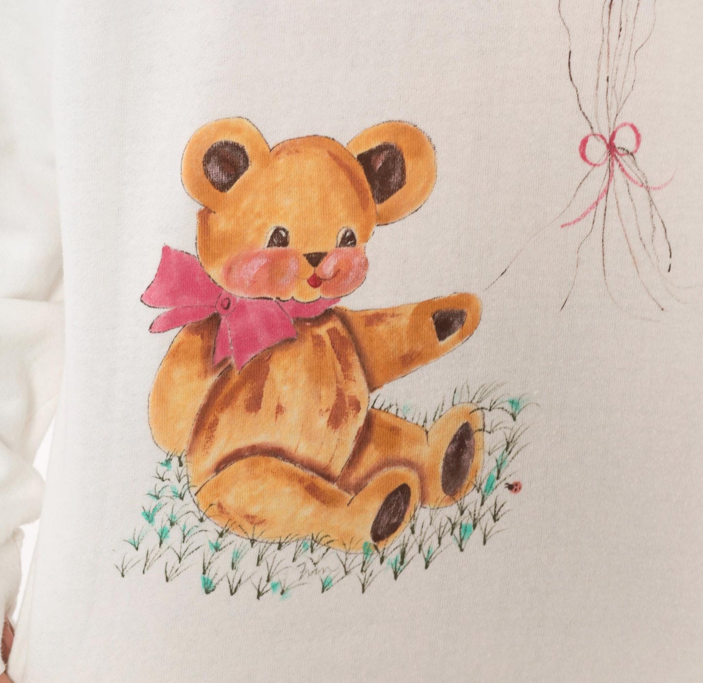 90s Hand-Painted Teddy Bear Sweatshirt White Pink Balloons Raglan Extra Large XL