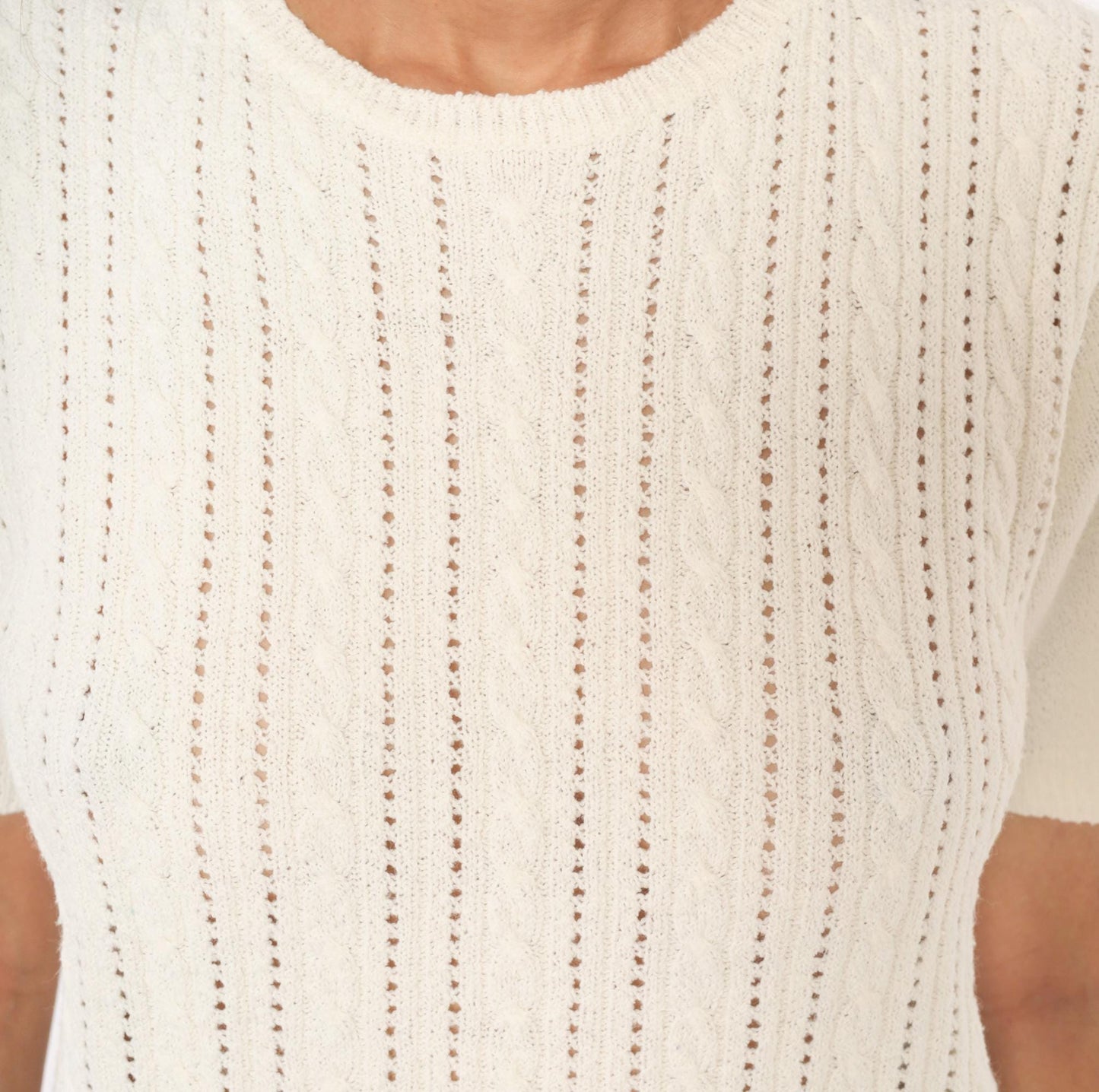 80s Pointelle Cable Knit Pullover Cream Short Sleeve Scoop Neck Large L