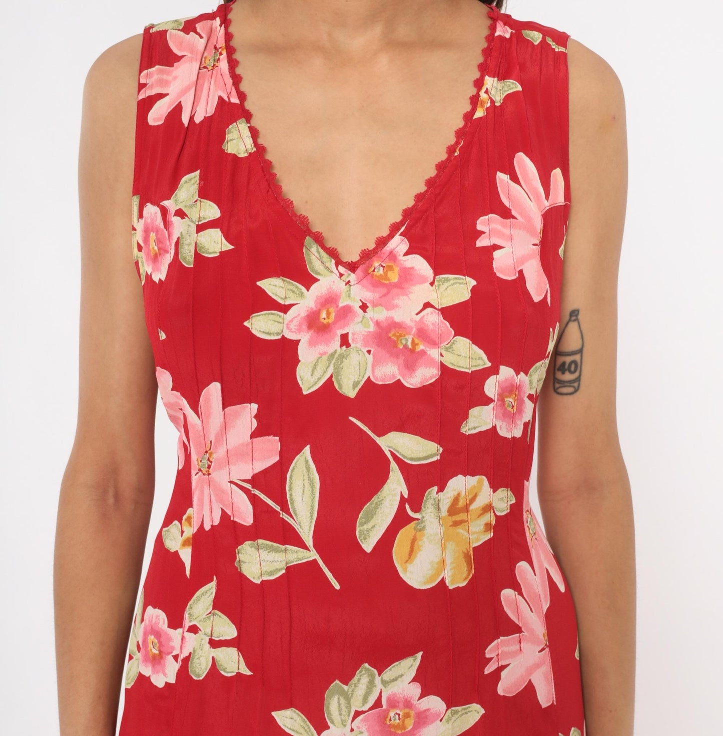 90s White Stag Red Floral Maxi Dress Sleeveless V-Neck Lace Trim Large L