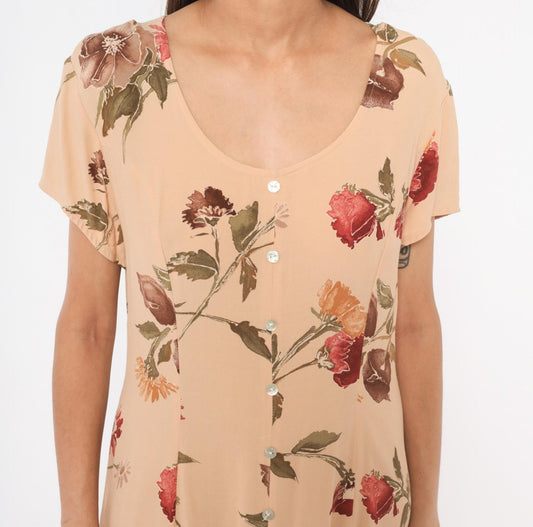90s Jeffery & Dara Floral Maxi Dress Peach Button Front Scoop Neck Large L