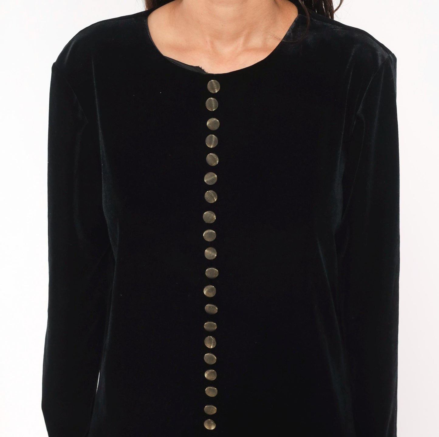 90s Hillard & Hanson Black Velvet Mini Dress Brass Buttons Long Sleeve Large