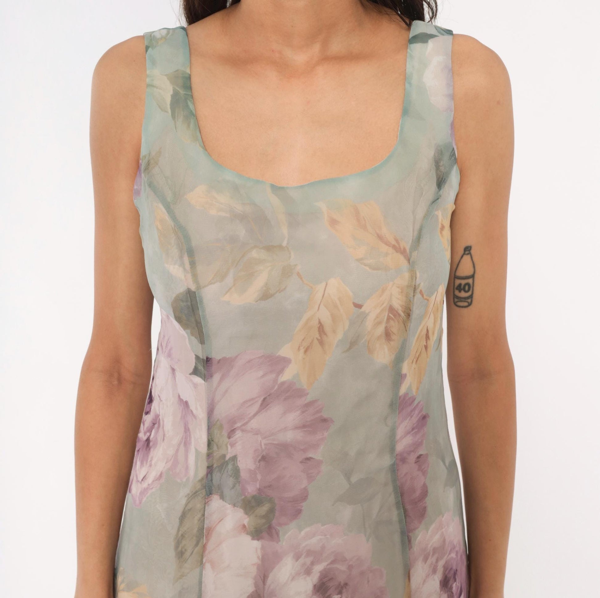 90s Hampton Nites Floral Maxi Dress Sage Pink Chiffon Sleeveless Medium M