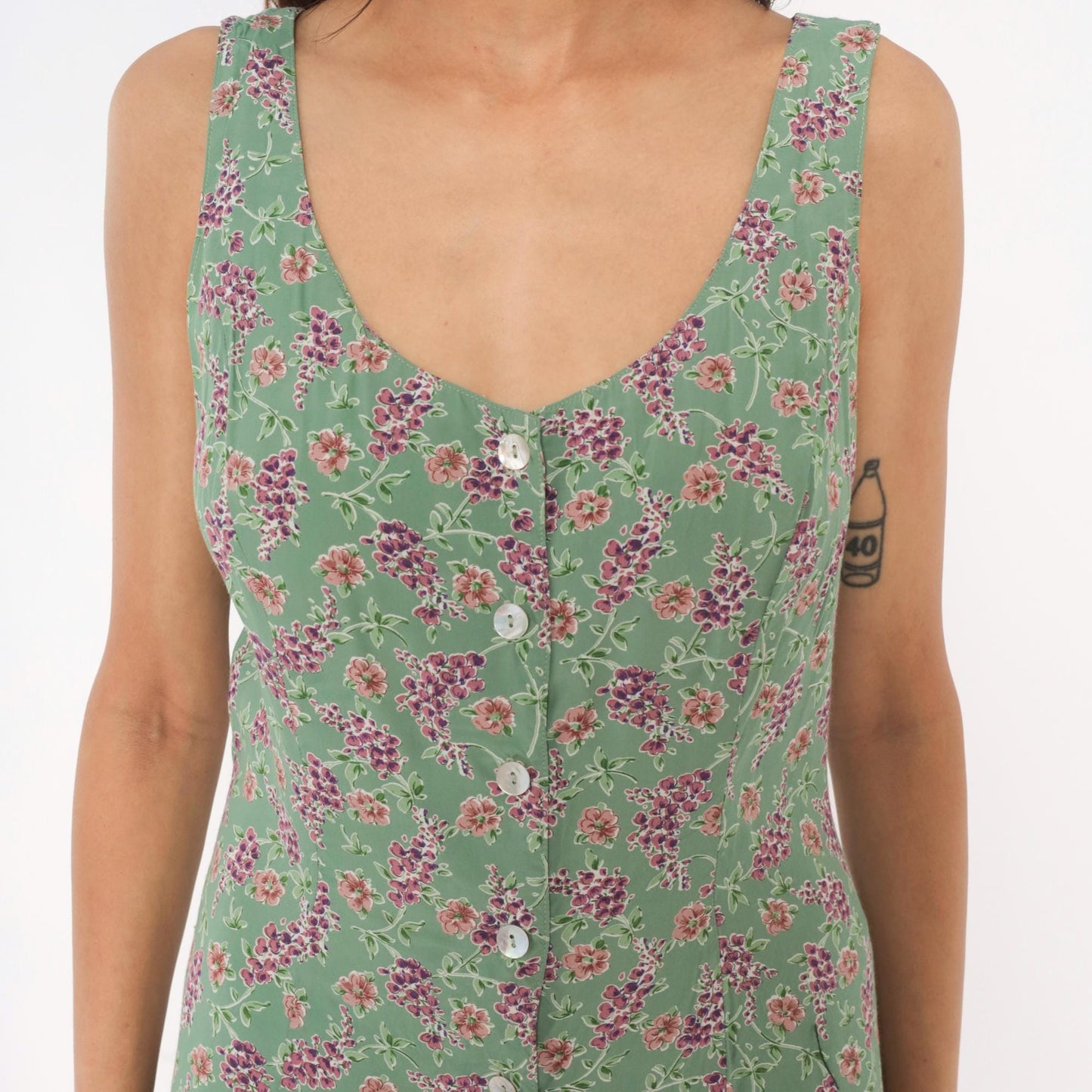 90s Robbie Bee Floral Mini Sundress Sage Green Button Front Large