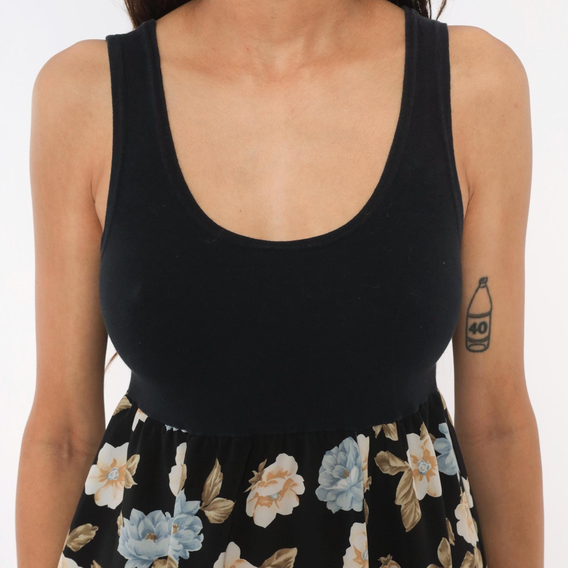 90s Floral Babydoll Mini Tank Dress Black Blue Cream Medium M