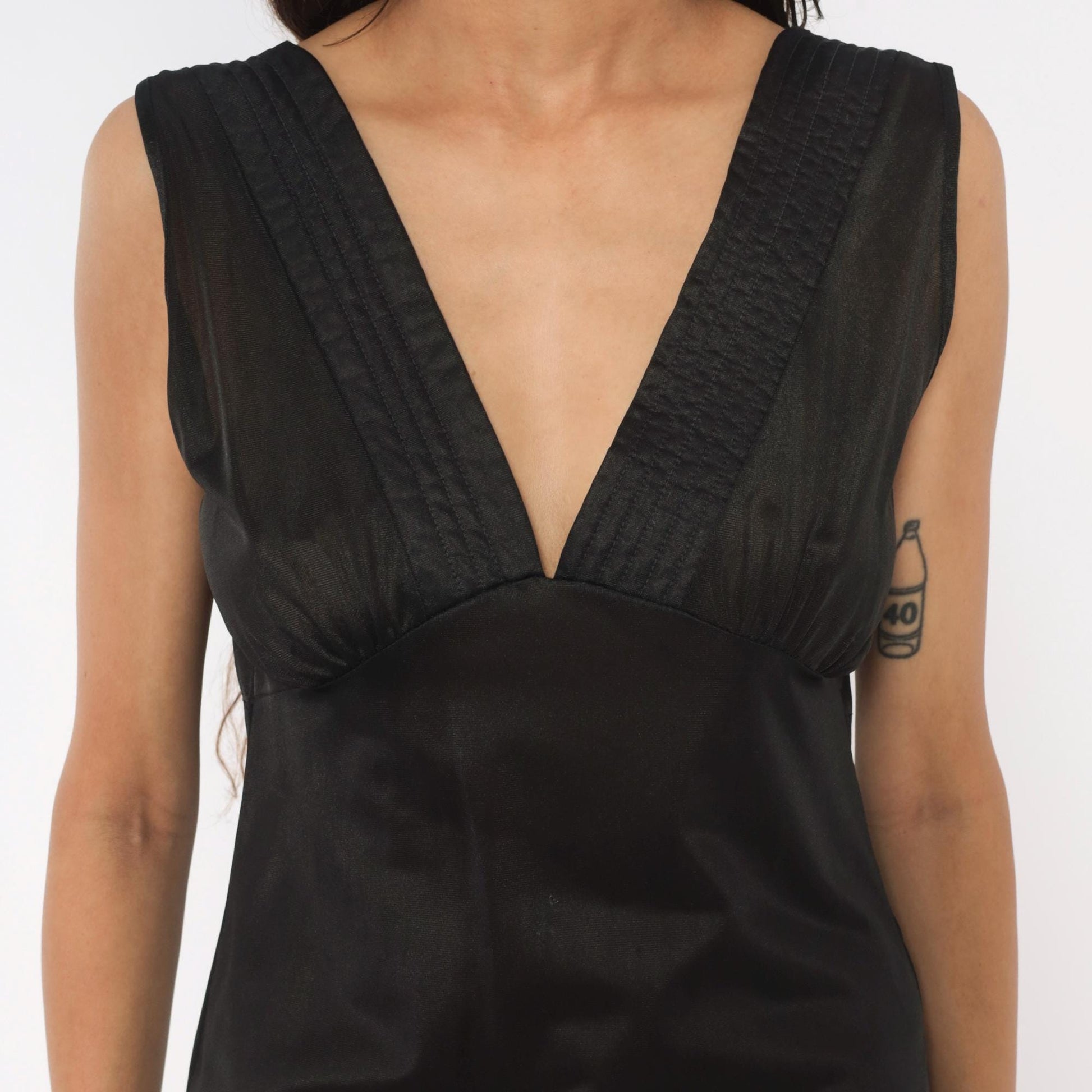 90s Black Sheer Maxi Slip Dress Deep V Neck Empire Waist Medium
