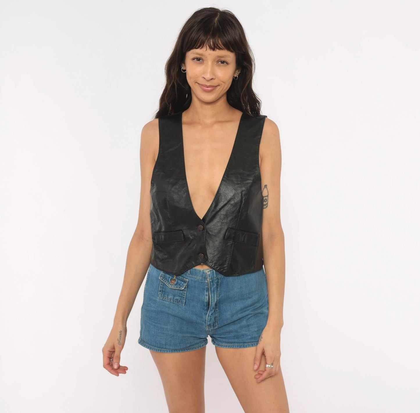 90s Eclipse Black Leather Vest Deep V Button Front Cropped Medium