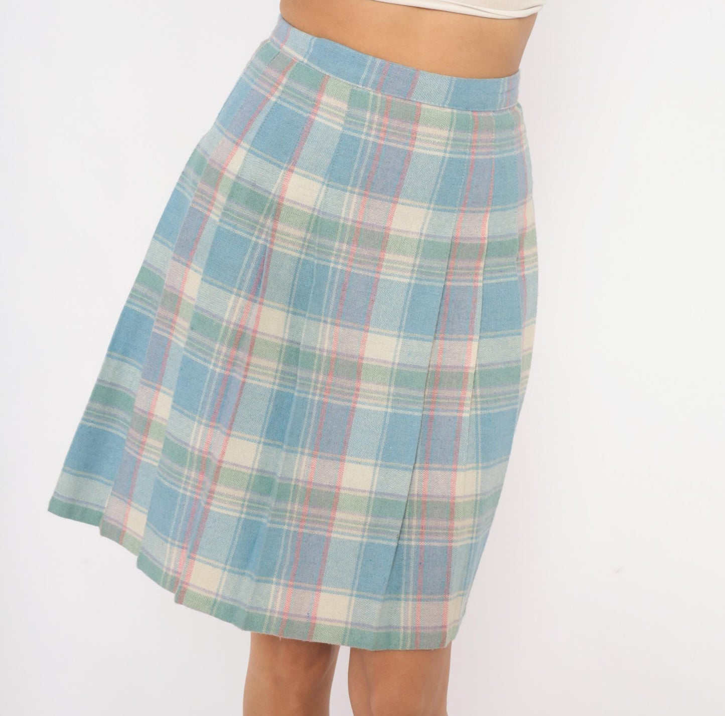 90s Pastel Plaid Pleated Skirt Wool Blend Blue Pink Green Tartan Knee-Length Extra Small