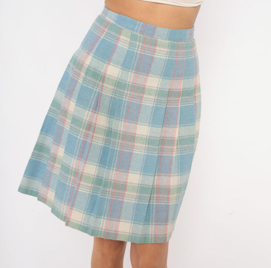90s Pastel Plaid Pleated Skirt Wool Blend Blue Pink Green Tartan Knee-Length Extra Small