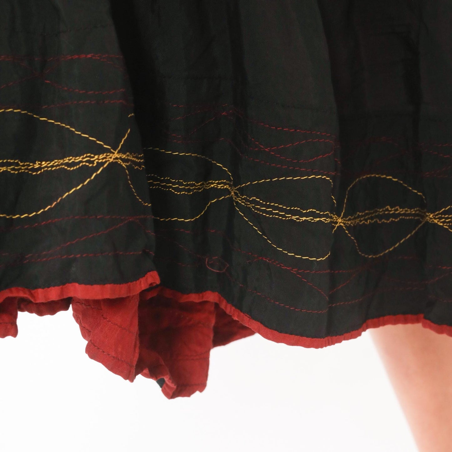 60s Black Tiered Midi Skirt Gold Embroidered Gathered Waist Acetate Extra Small XS
