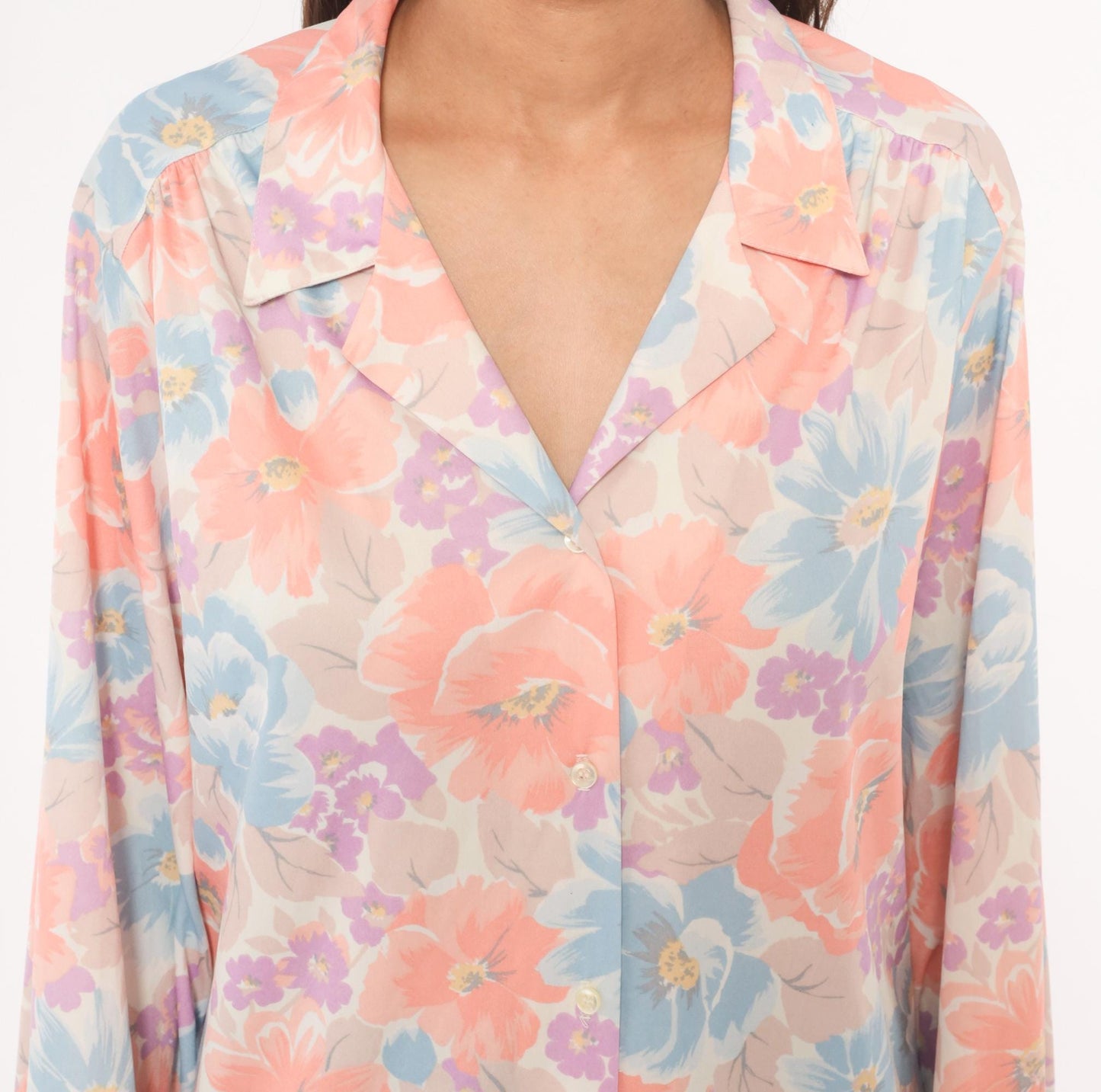 80s The Fire Islander Woman Floral Button Blouse Coral Periwinkle Large L