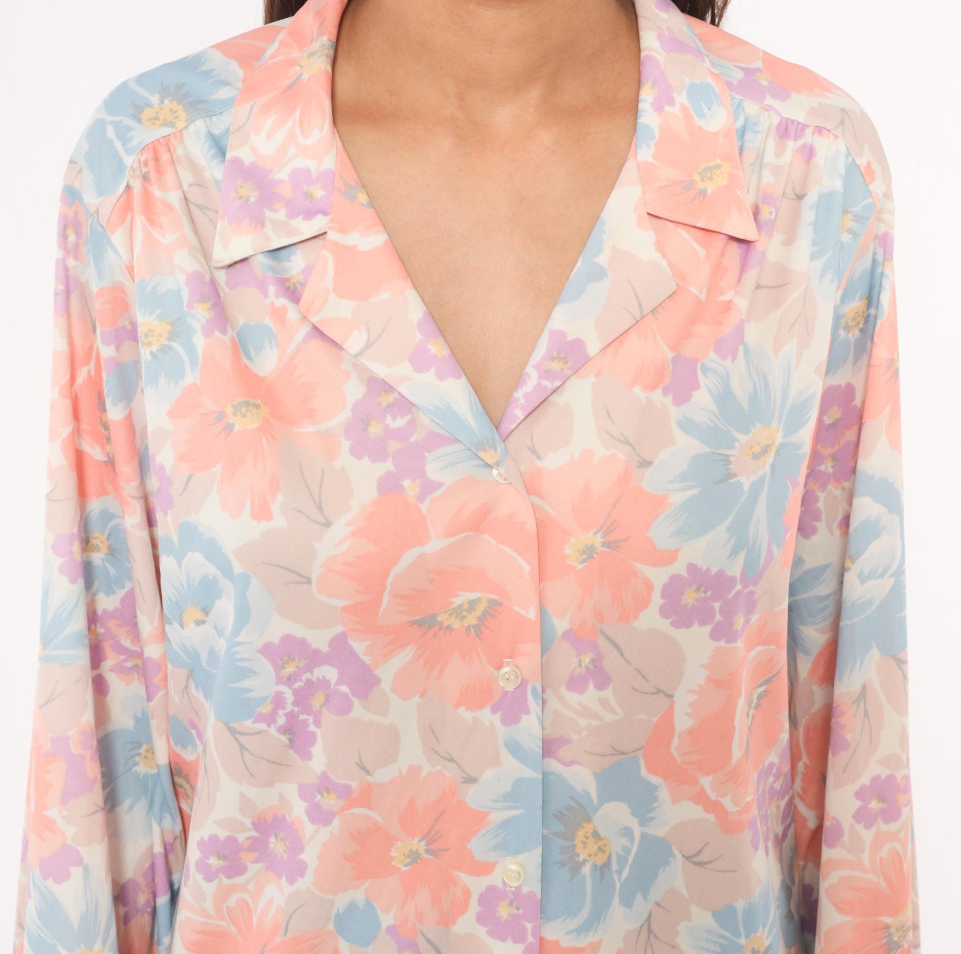 80s The Fire Islander Woman Floral Button Blouse Coral Periwinkle Large L