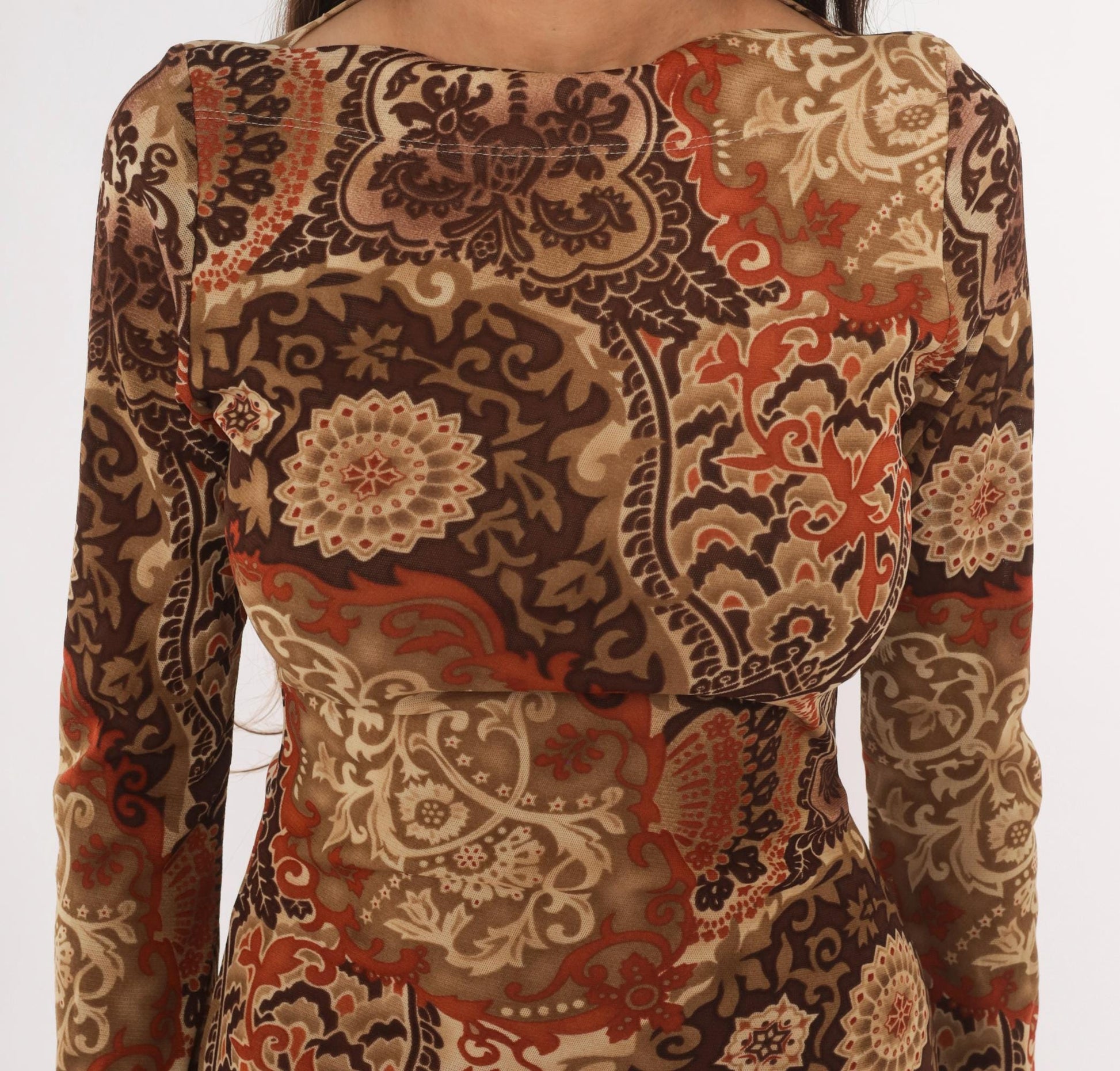 Y2K Moa Moa Paisley Medallion Dress Long Sleeve Boat Neck Brown Tan Medium M