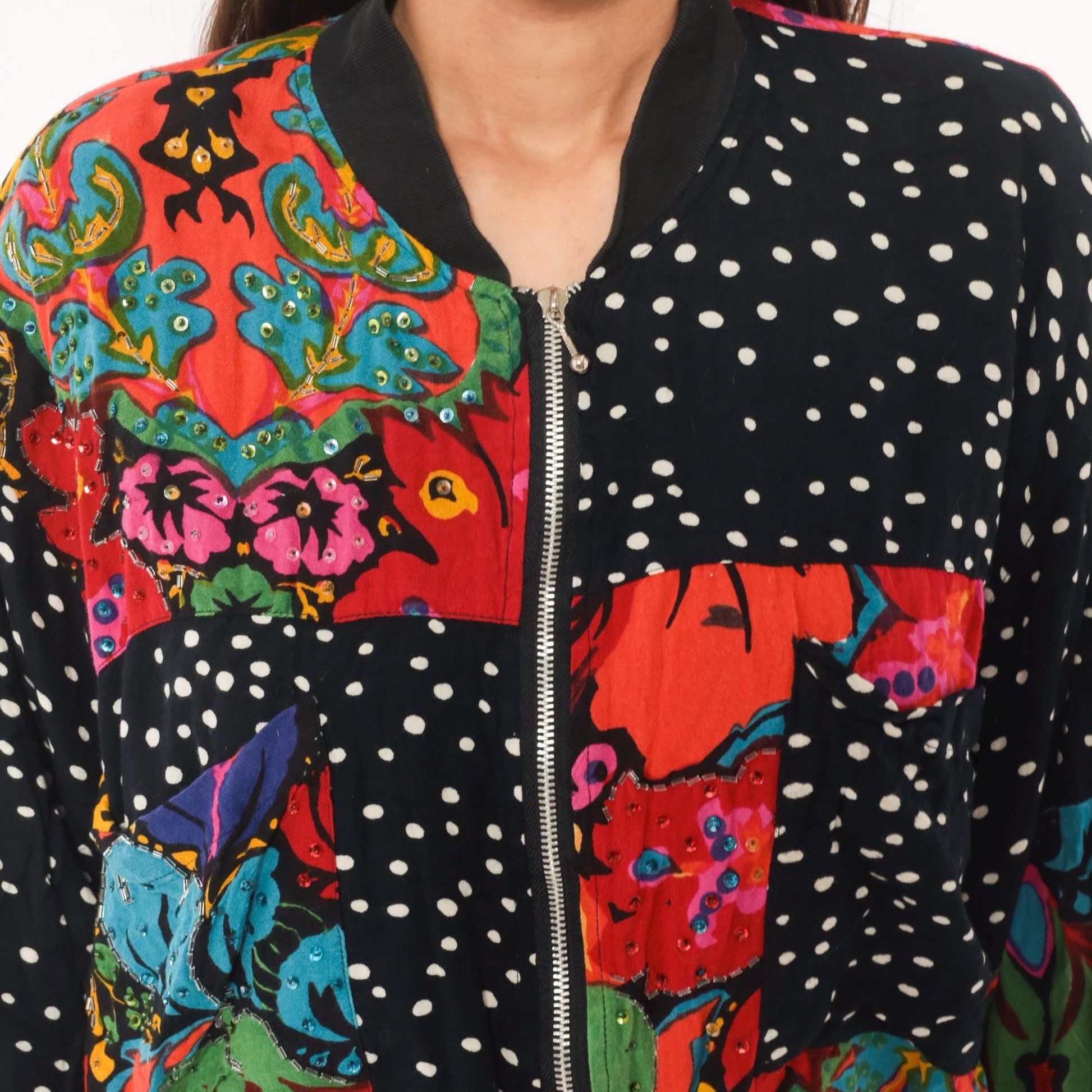 90s Tarazzia Patchwork Bomber Jacket Sequin Polka Dot Floral Small