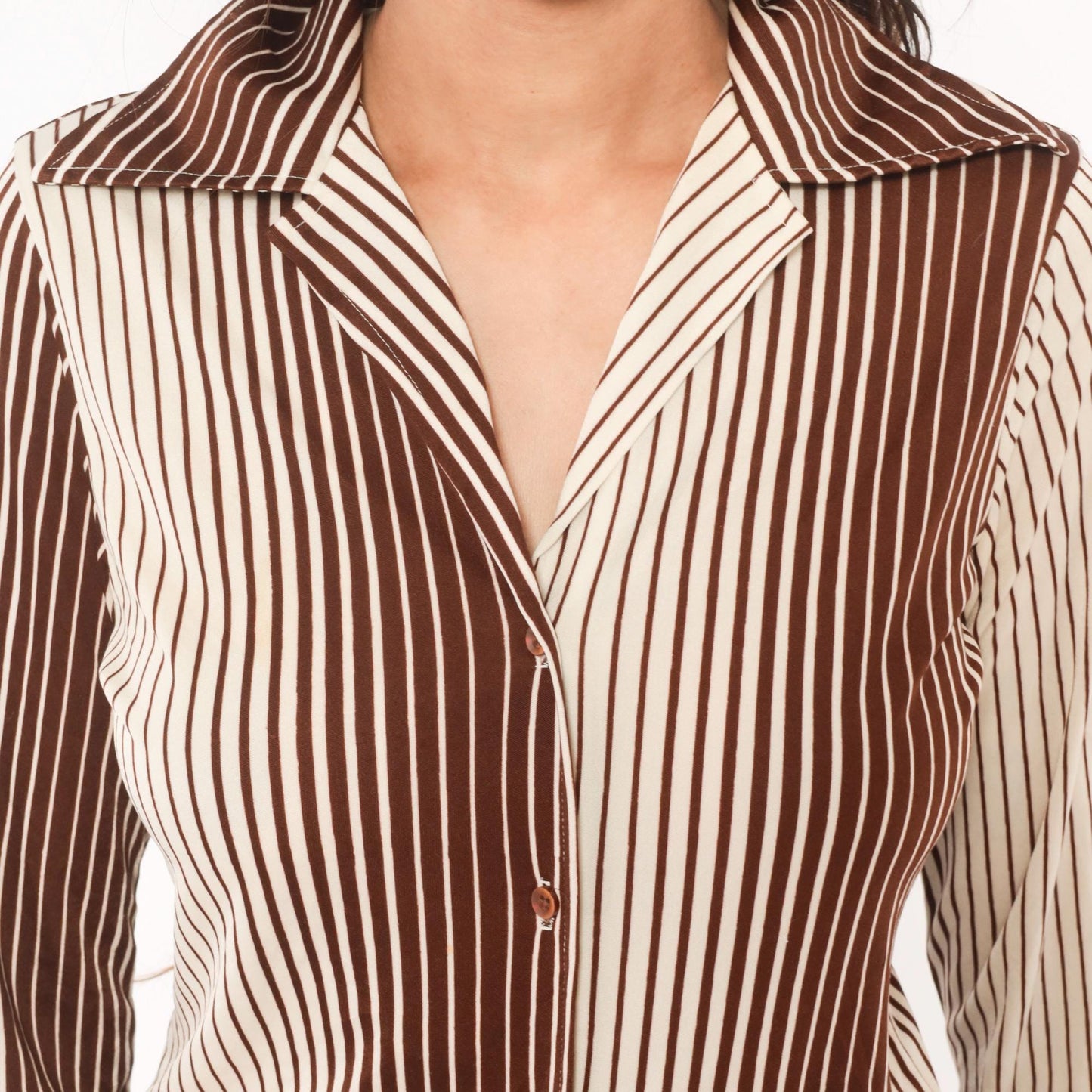70s Sears Striped Button Front Blouse Brown Cream Pointed Collar Medium
