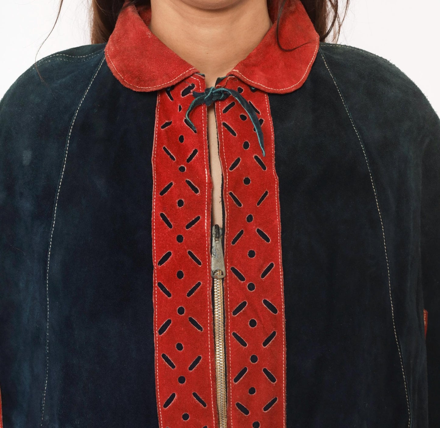 1970s Navy Suede Cape Red Leather Trim Peter Pan Collar Mod Poncho Small