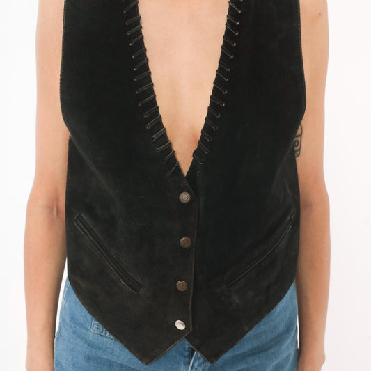 90s Black Suede Vest Whipstitch Snap Front Western Small S
