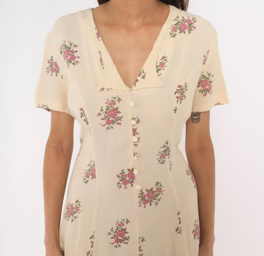 90s Ultra Dress Cream Floral Midi Button Front V Neck Lace Up Back Medium