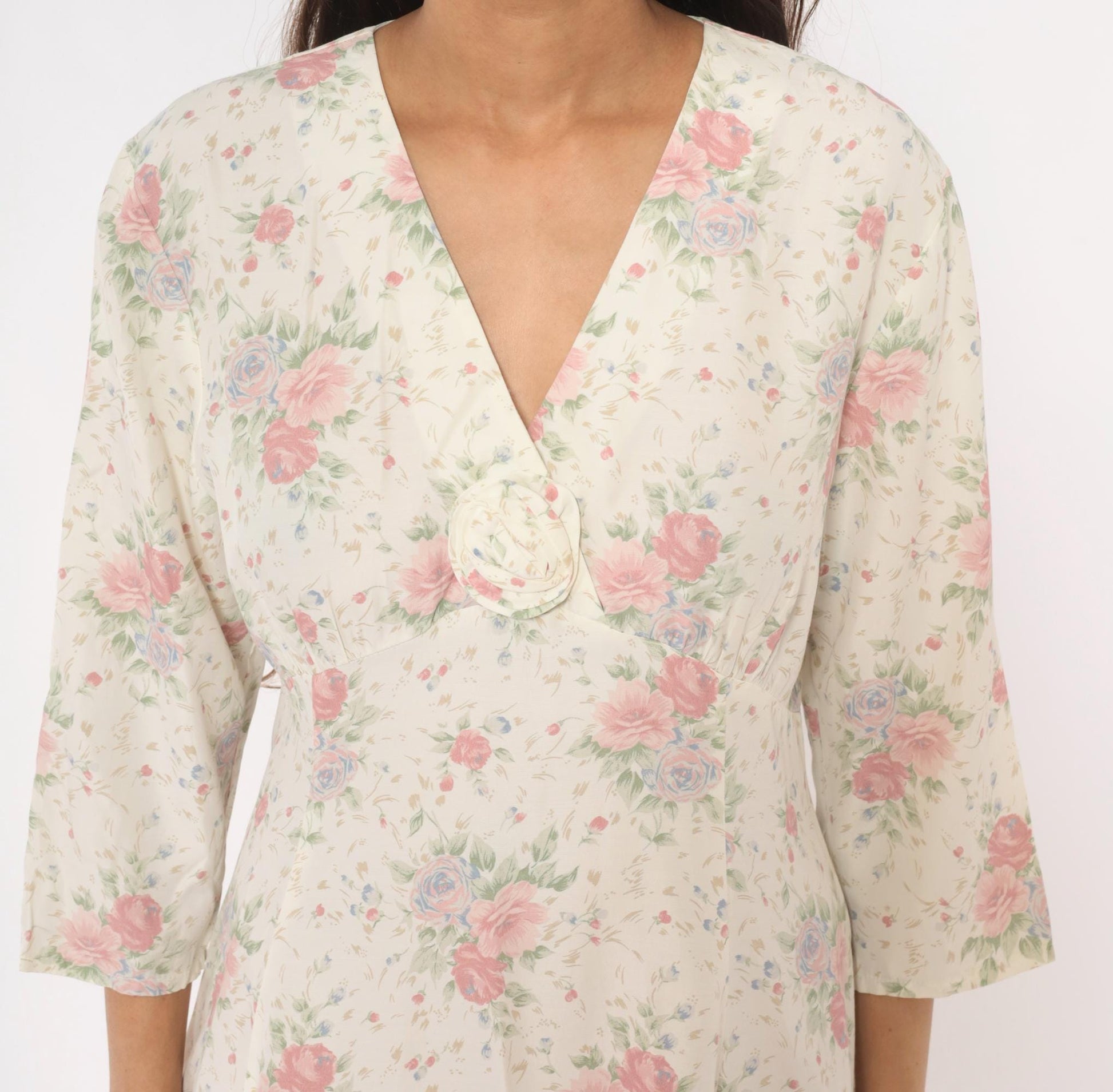 90s Eber Rose Floral Mini Dress Cream V-Neck Rosette Large L