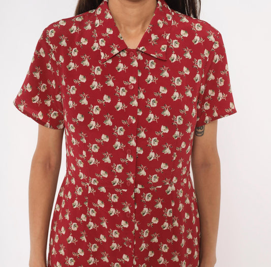 90s Old Navy Floral Maxi Shirtdress Red Cream Button Front Medium M