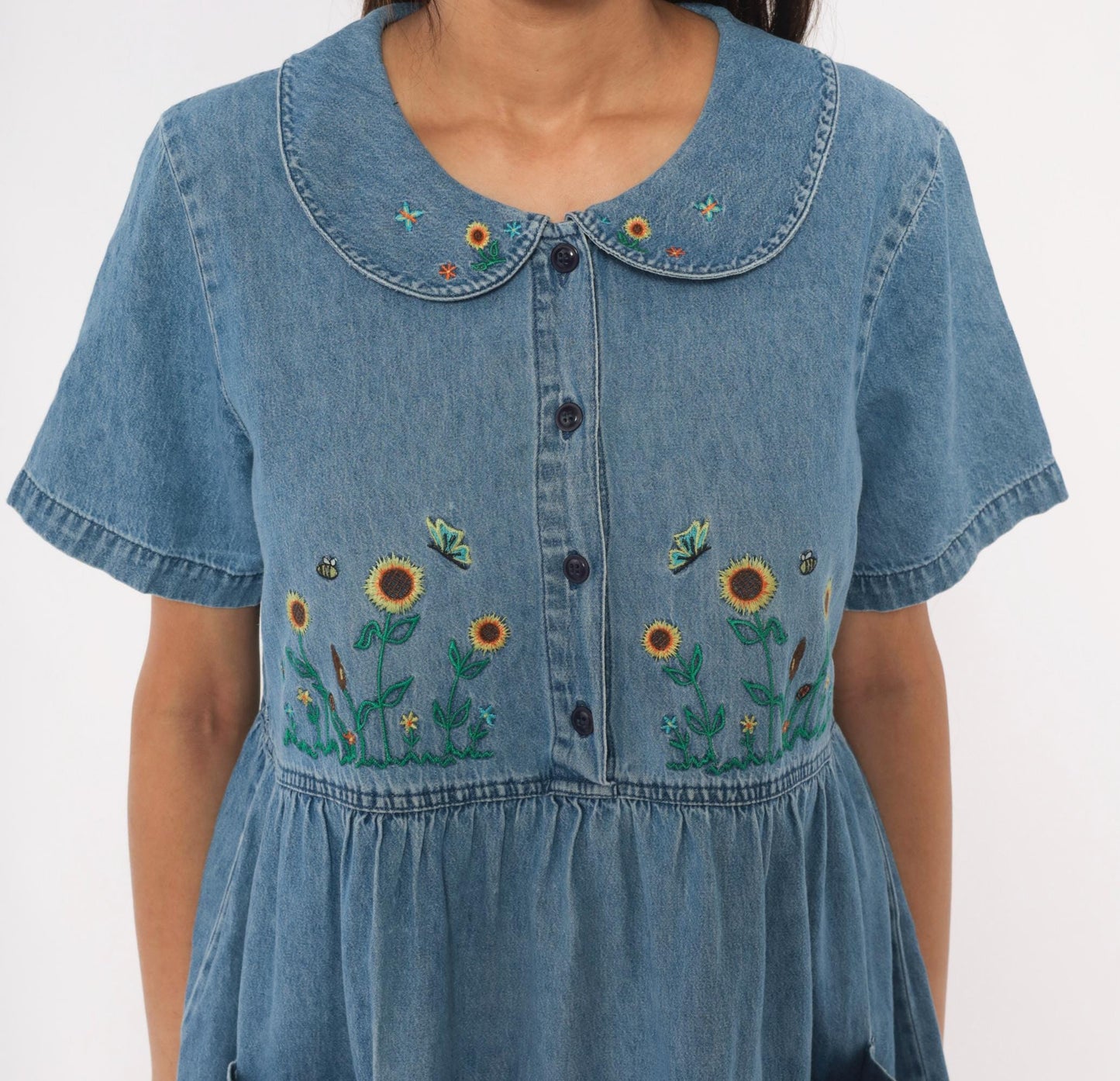90s Bobbie Brooks Denim Babydoll Dress Sunflower Embroidered Peter Pan Collar Large L