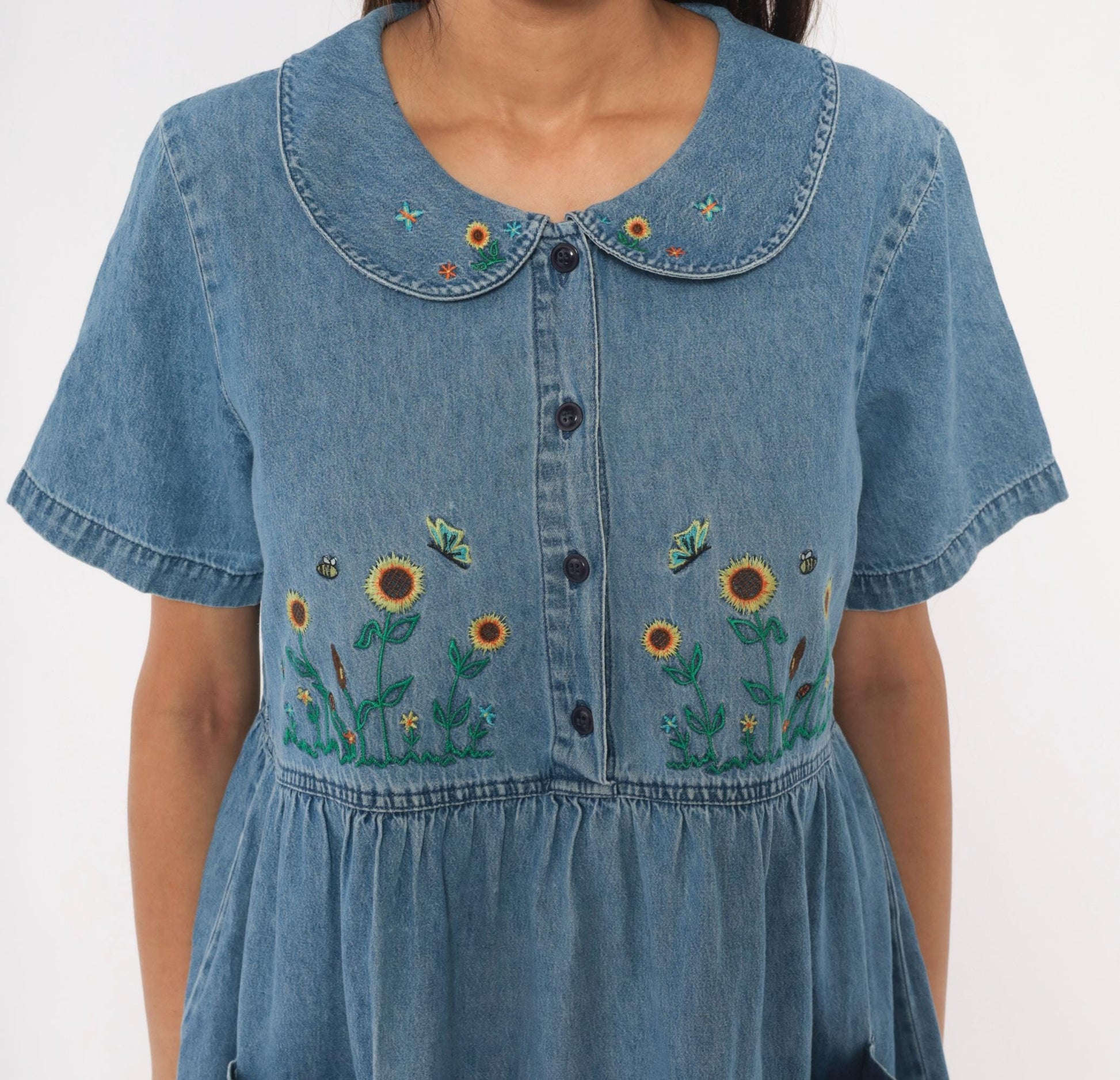 90s Bobbie Brooks Denim Babydoll Dress Sunflower Embroidered Peter Pan Collar Large L