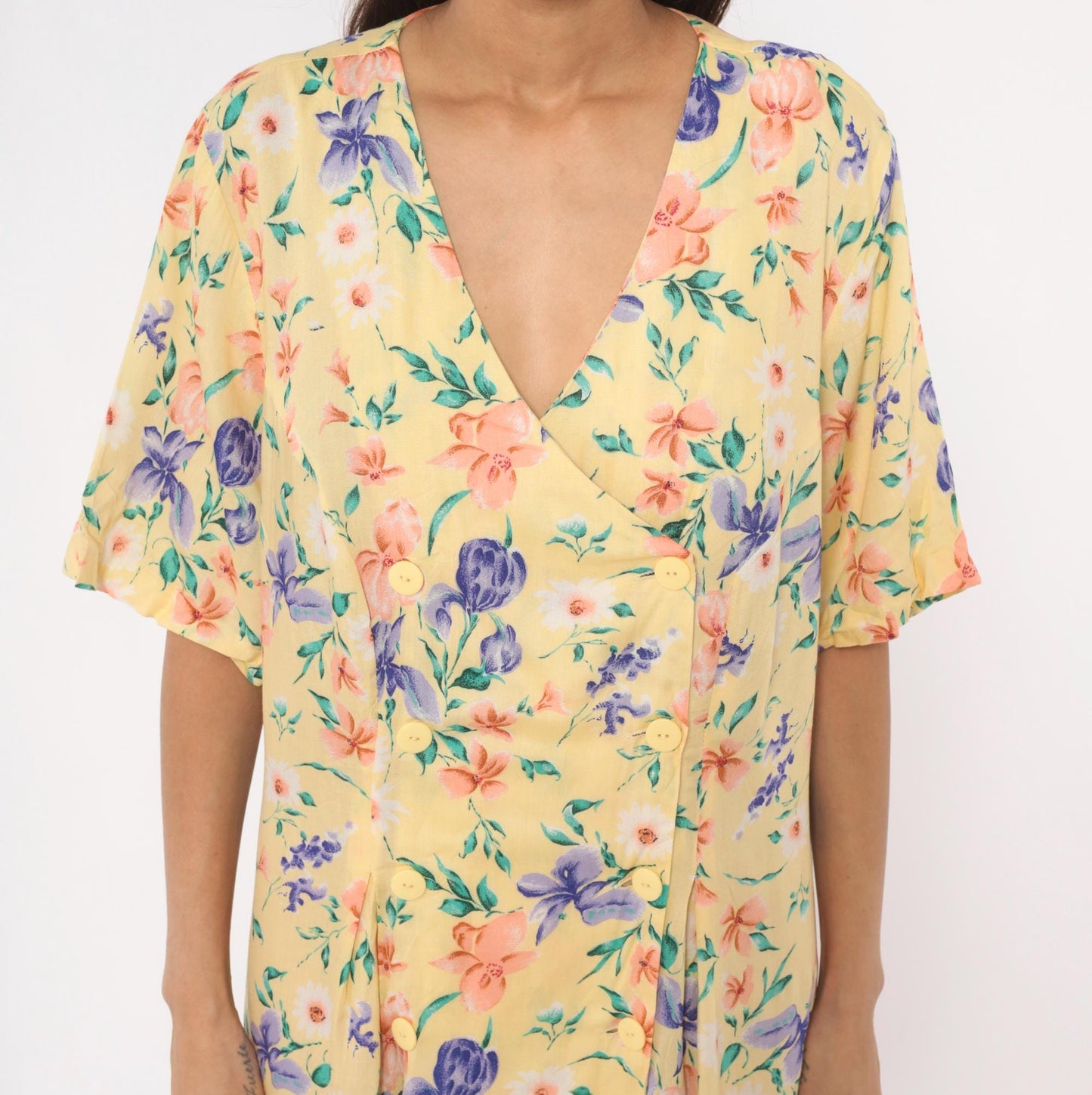 90s Jamie Brooke Floral Button Front Romper Yellow Garden Print Plus Size XXL