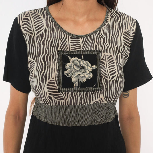 90s Naturally Petite Zebra Leaf Midi Dress Black Cream Floral Small