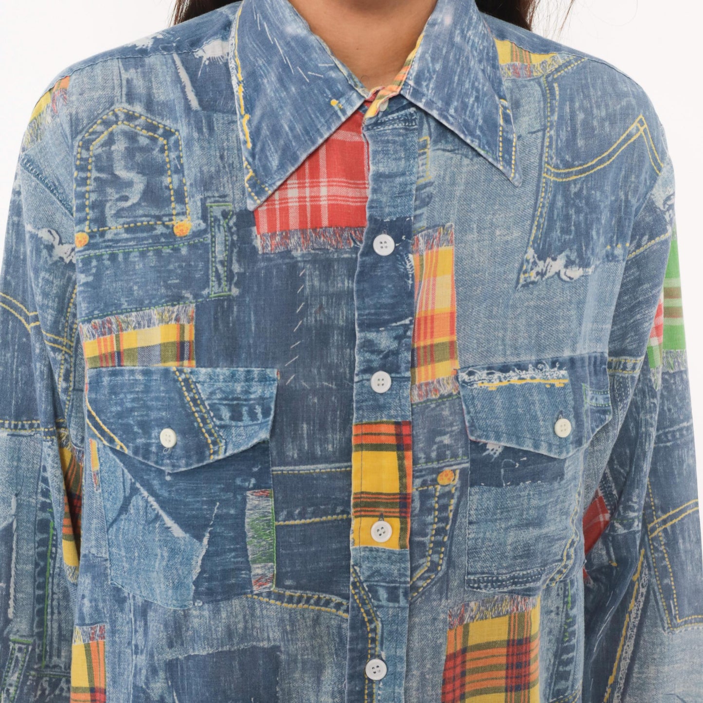 70s Permanent Press Patchwork Denim Print Shirt Madras Plaid Blue Yellow Medium