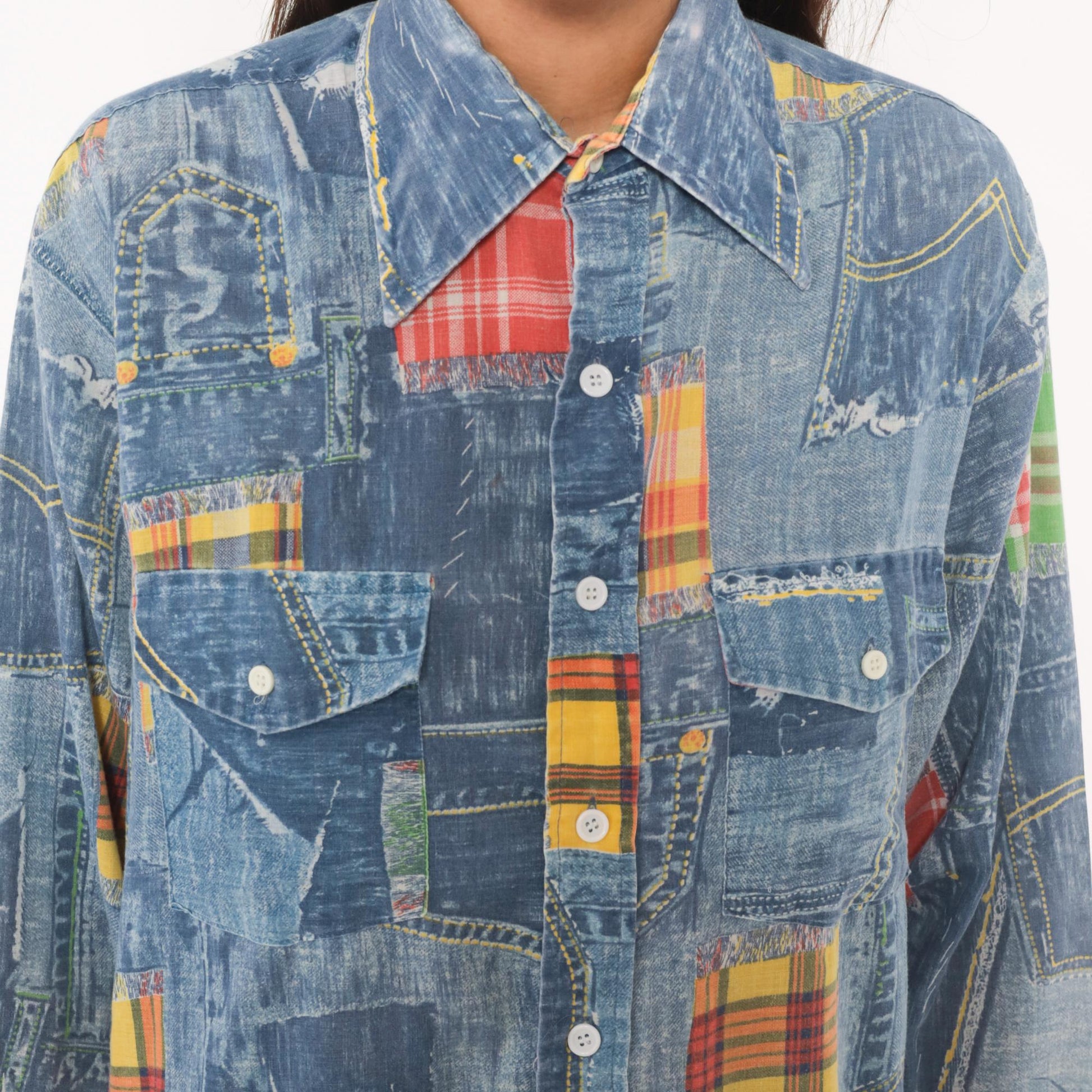 70s Permanent Press Patchwork Denim Print Shirt Madras Plaid Blue Yellow Medium